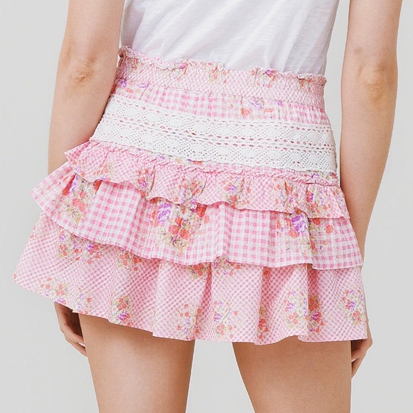 LoveShackFancy Pink Floral Tiered Mini Skirt - Picture 3 of 12